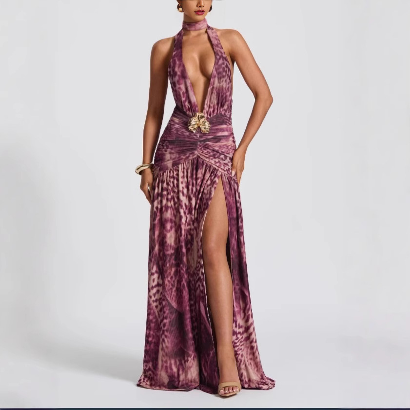 Women's Sexy Halter Neck Bodycon Maxi Dress With Low Back & Thigh Slit | Floral Print Ruffle Detail Lightweight & Flowy Fabric_ecoleips.com