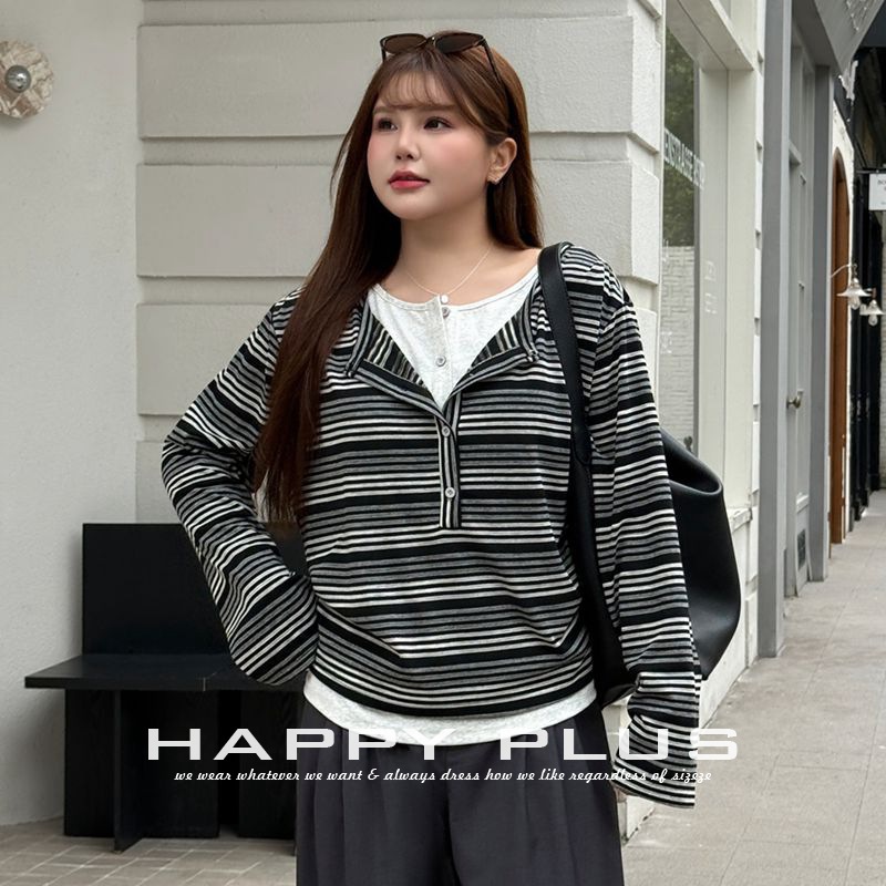 HAPPYHUT Women's Casual Autumn New Top 9586 Henry Collar Loose Striped Faux Two-Piece Long Sleeve T-Shirt