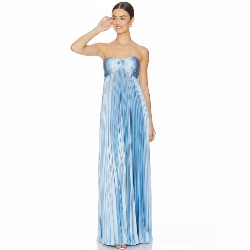 Elegant, draping satin strapless dress with heart-shaped twist design, empire high waist, fine accordion pleats, and ankle-length skirt