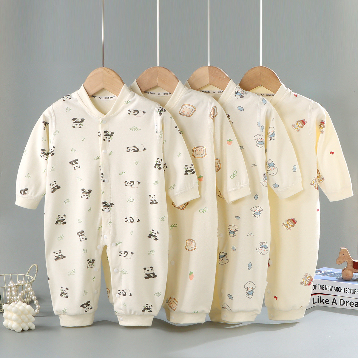 Seamless Newborn Pure Cotton Class a Long-Sleeve Romper for Boys and Girls, Cartoon Jumpsuit, Spring and Autumn Baby Sleepwear