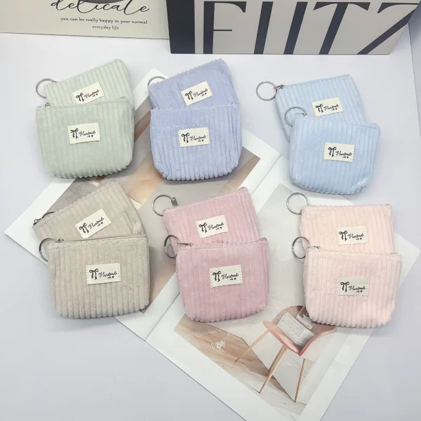 Corduroy Coin Purse Flannel Zipper Bag Cloth Label Striped Coin Bag Girl's Small Purse Storage Key Bag
