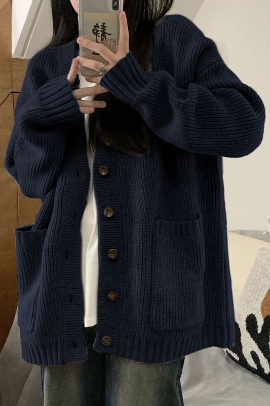 Japanese Retro Lazy Style Sweater Jacket for Women Autumn and Winter New Navy Blue Knitted Cardigan Top Winter