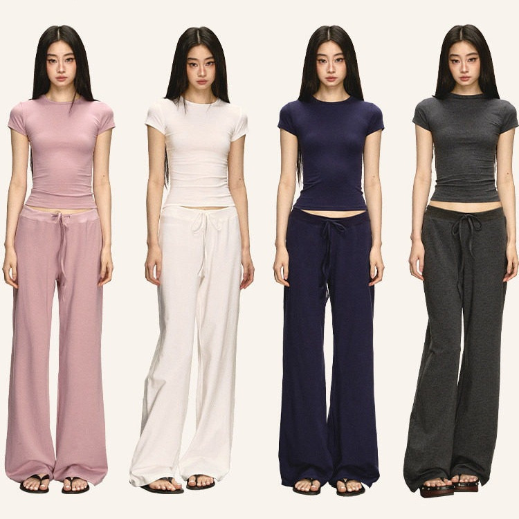 Anna Aneae Ultra-Thin Soft Set for Women, Summer Full Set, Right-Shoulder Short-Sleeved T-Shirt, Casual Pants, Two-Piece Trendy Set