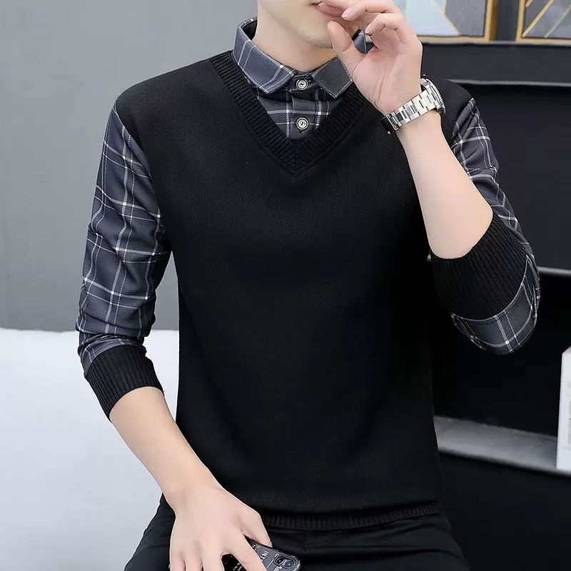 卫衣男假两件针织衫春秋季新款拼接百搭衬衫领套头潮牌长袖卫衣男