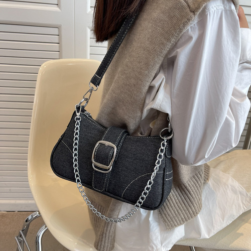 Denim baguette bag for women  new retro chain shoulder armpit bag niche high-end texture crossbody bag