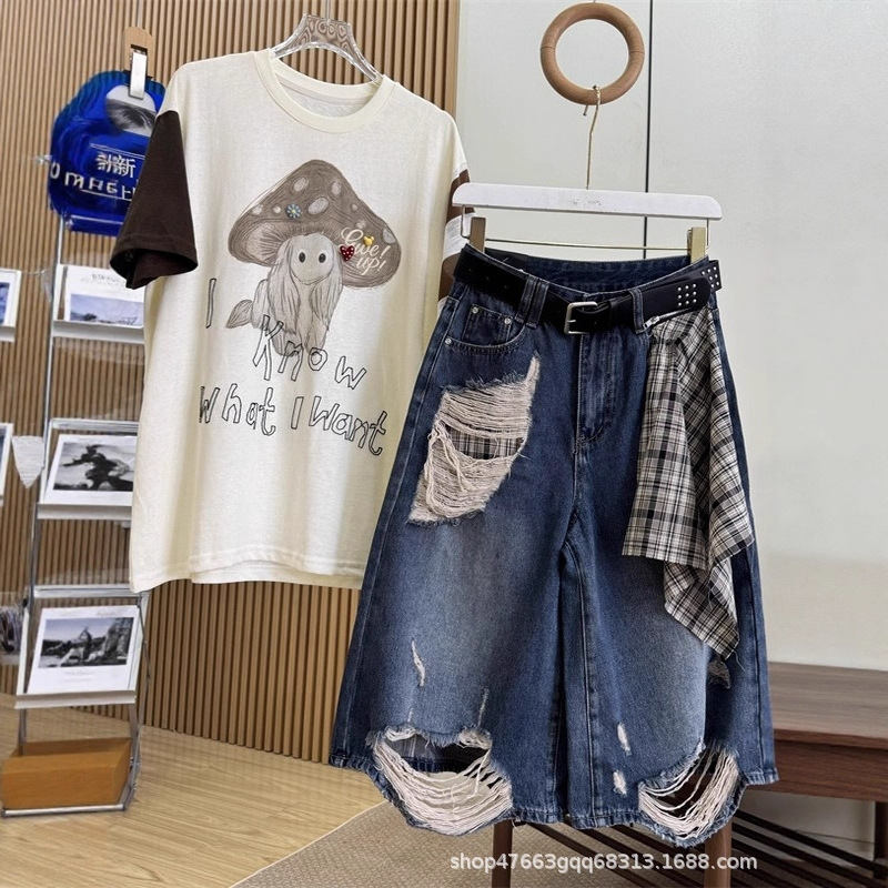 Fashionable High-Waisted Plaid Scarf Wide-Leg Cropped Pants Summer New Loose Ripped Jeans for Women Fashionable High-Waisted Plaid Scarf Wide-Leg Cropped Pants Summer New Loose Ripped Jeans for Women