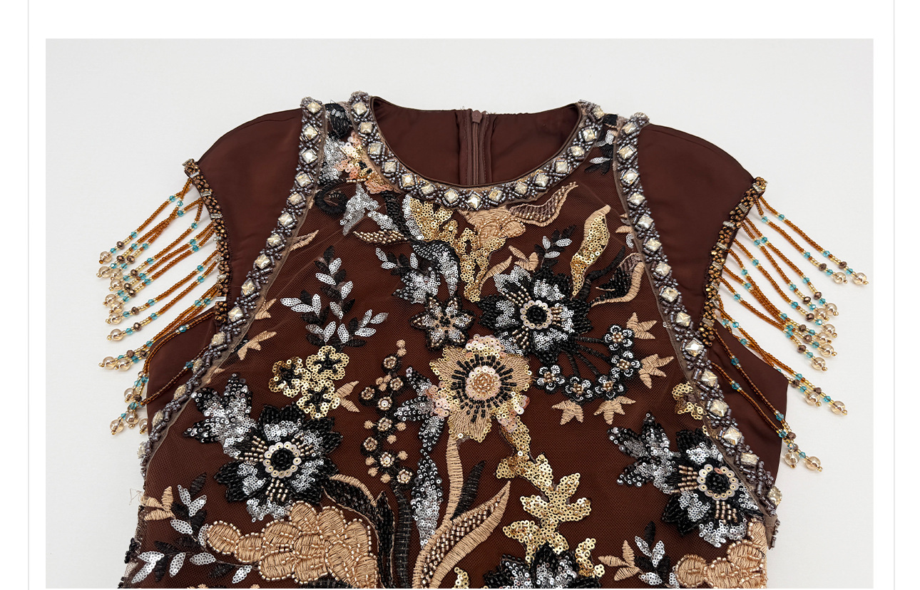 Đầm maxi nữ thắt eo phong cách Tân Trung Hoa, cổ tròn, đính cườm thêu ren, thiết kế vintage — Màu cà phê chi tiết 14