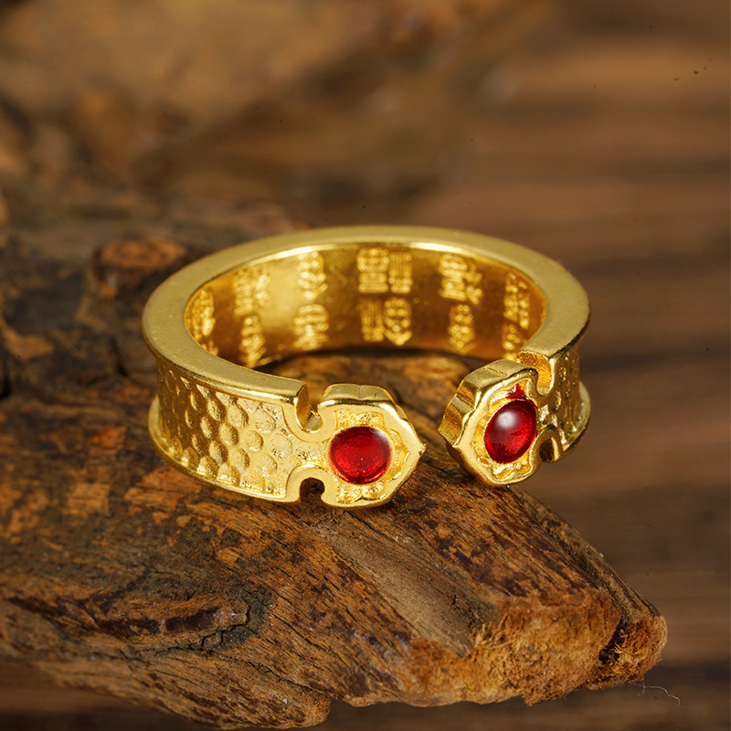 Anillo de oro de arena abierto chino Feng Fu Zi mujer rica y noble Ruyi auspicioso joyas de mano chapadas en oro de cobre retro al por mayor