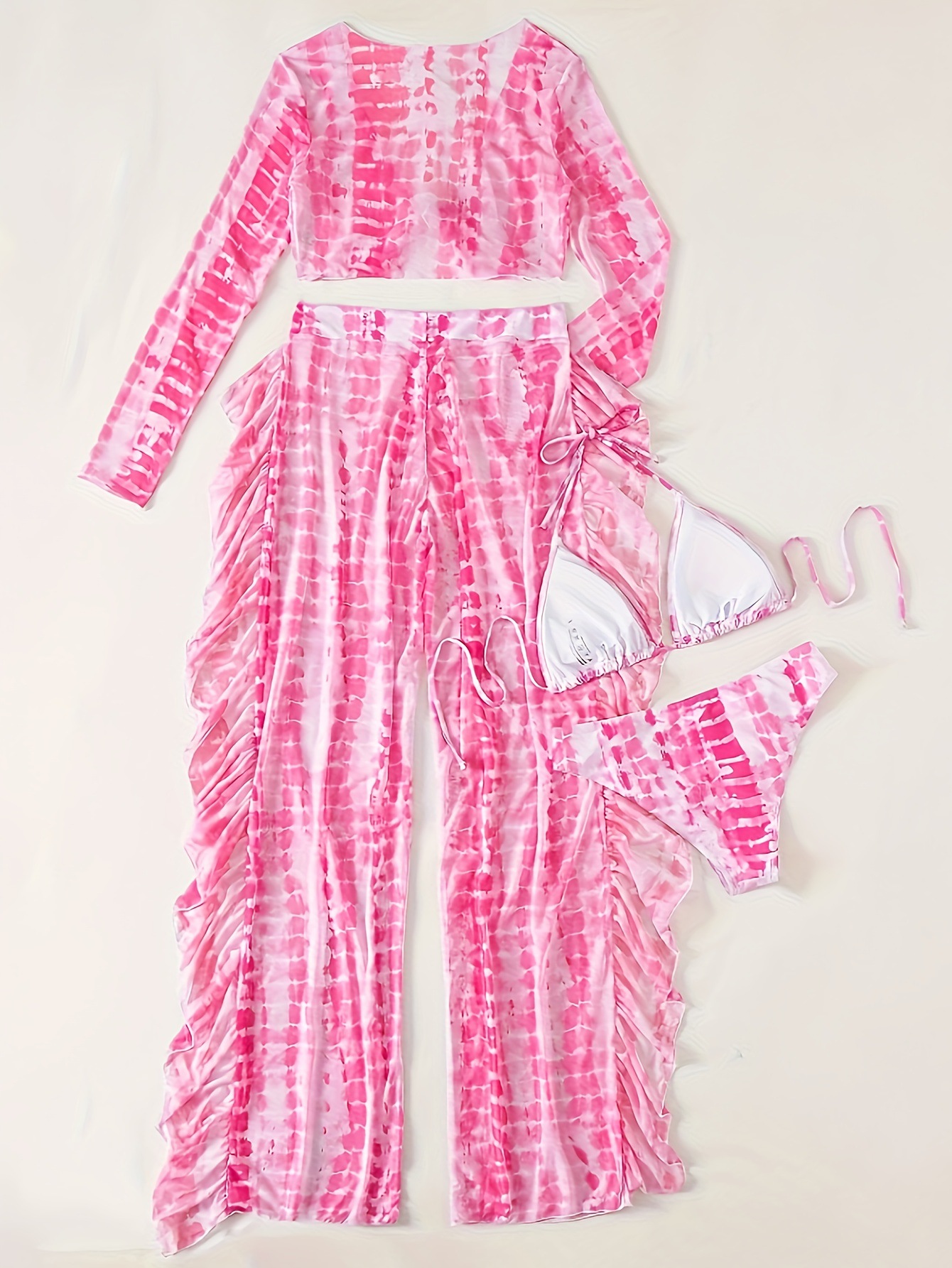 Qadın çimərlik bikini dəsti, batik çap, 4 hissəli mesh