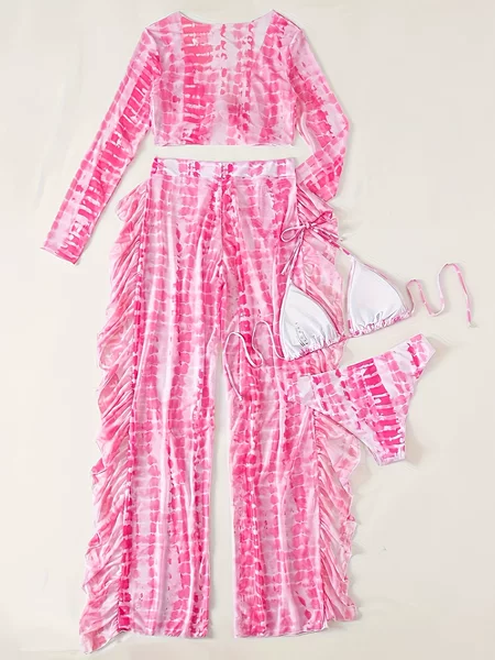 2026 New European and American Cross-Border Hot-Selling Tie-Dye Printed Women's Vacation Bikini Set Four-Piece Mesh Vacation Set