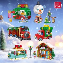 杰星5914345678圣诞积木跨境节日礼物雪人火车儿童益智拼装玩具