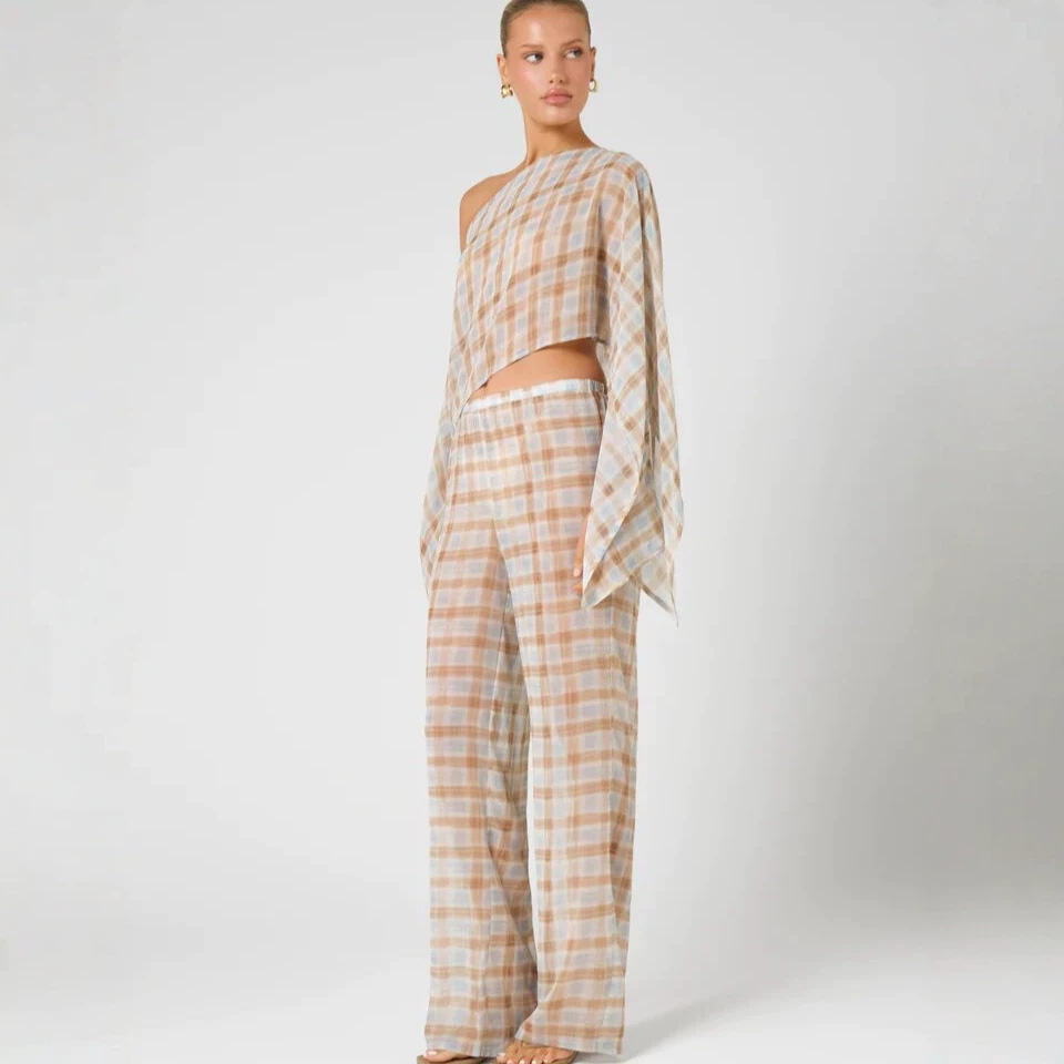 Women's Summer Plaid Sheer Shoulder Raglan Sleeve Top Waist Cinching Casual Straight Leg Trousers Set Style_ecoleips.com