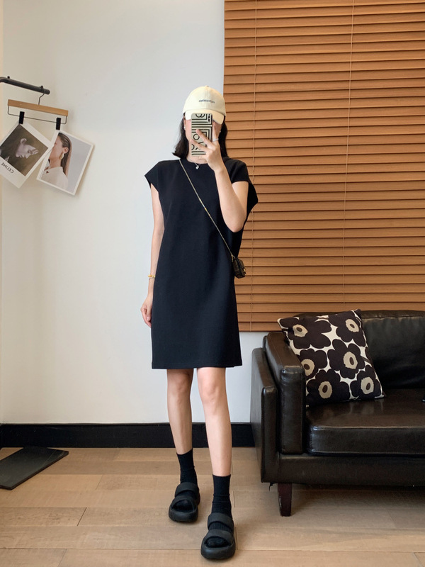 JI シンプルな気質カジュアル多用途スリム小フライングスリーブ Tシャツドレスラウンドネック半袖 Tシャツドレス女性の夏 2025|undefined