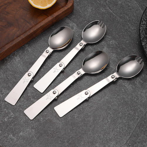 304 stainless steel foldable spoon, travel convenient spoon and fork integrated three-fold spoon, two-piece tableware set