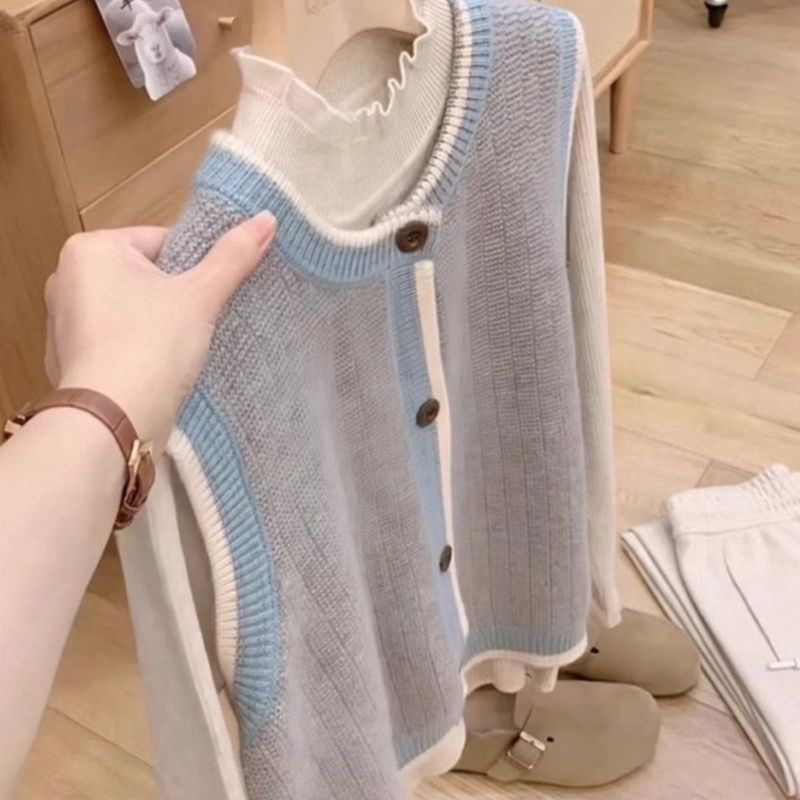 撞色针织马甲开衫女秋冬叠穿外搭坎肩背心上衣|undefined
