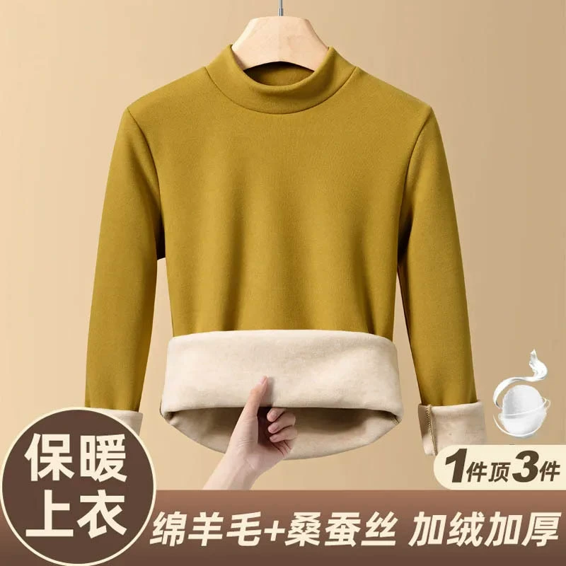 Осенне-зимняя [шерстяная шелковая] рубашка с полугольфом на флисовой подкладке, утолщенная нижняя рубашка, термобелье, одинарный топ, осеннее пальто