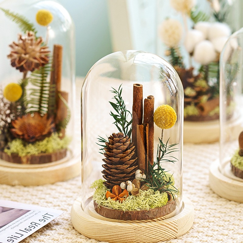 Flor de madera imortales flores secas cubierta de vidrio espécimen de plantas decoración para el hogar regalos de madera para el día de la madre