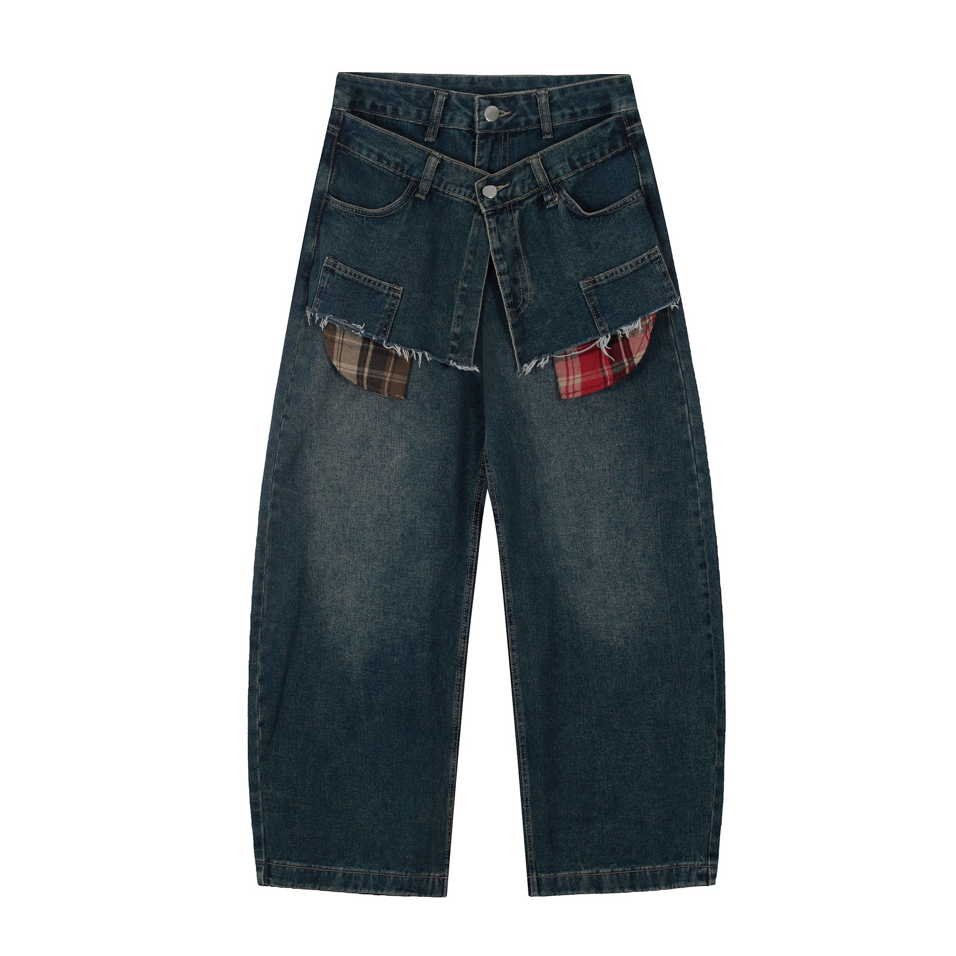 Men's Oversized Distressed Jeans High Street Style Fake Two-Pocket Design Relaxed Wide Leg Cotton Vintage Wash Unisex Streetwear_mkmklike.com