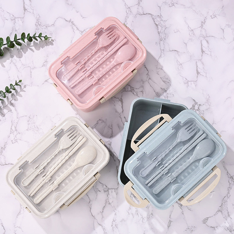 Caja de almuerzo de paja de trigo caja de almuerzo portátil trabajador de oficina estudiante caja de almuerzo horno de microondas calefacción caja de almuerzo de tres rejillas