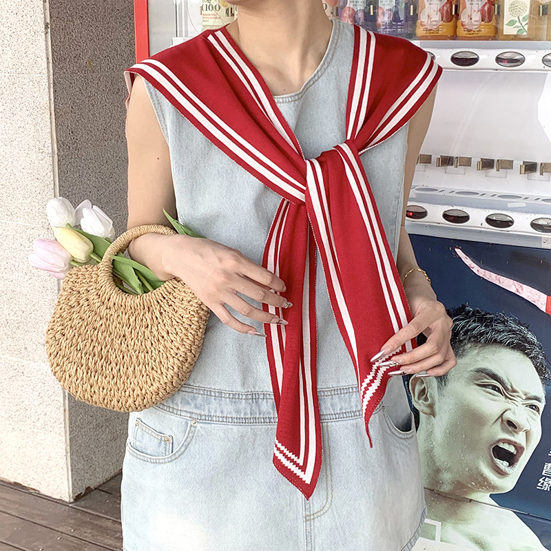 Versión coreana del chal rojo de la red de estilo marino, habitación con aire acondicionado, hombro, camisa exterior a rayas blancas y negras para mujer, cuello falso de punto de primavera y otoño