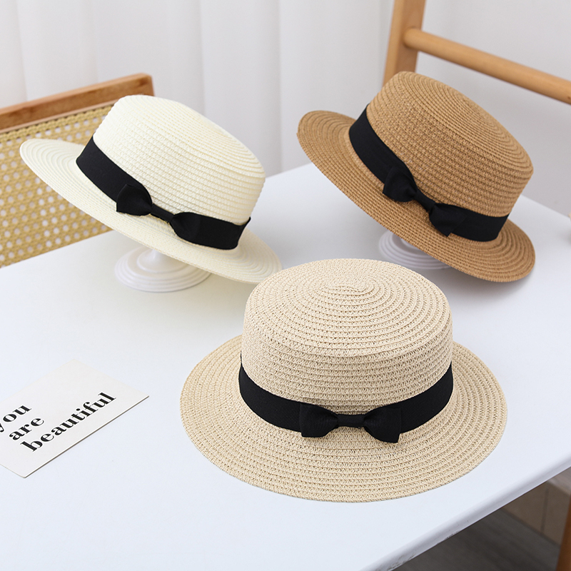 Korean Straw Hat Women's Sunshade Beach Hat British Retro Flat Top Fresh Top Hat Parent-child Hat Summer Outing Korean Straw Hat Women's Sunshade Beach Hat British Retro Flat Top Fresh Top Hat Parent-child Hat Summer Outing