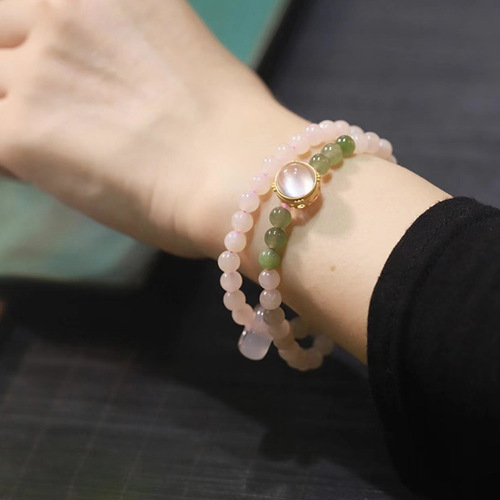 Natural Hetian Jade and Lotus Root Powder Double Ring Bracelet with Silver Plated Gold Border and Agate Running Rings - Chinese Women's Style Bracelet for Xiaohongshu