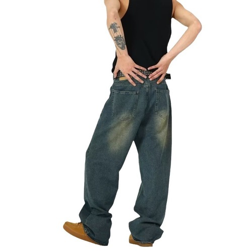 Retro blue straight-leg slimming jeans with high-waist loose design, earthy yellow mud rinse, distressed American-style wide-leg pants