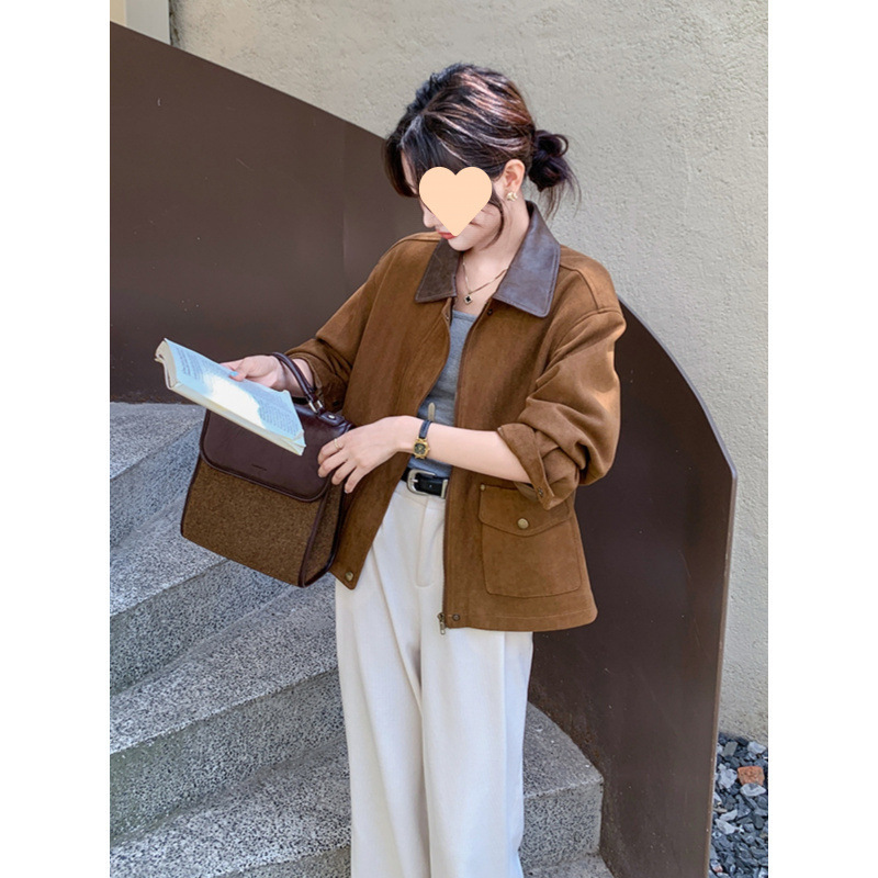 美ラードの茶色のスエードのコートの女性2025春の新型の気質のカジュアルジャケットの韓国系の短い上着|undefined