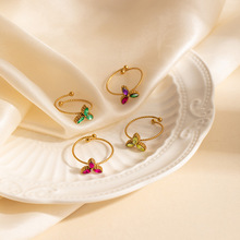 欧美新款彩色三叶锆石戒指女跨镜精致花瓣手饰简约时尚不锈钢饰品