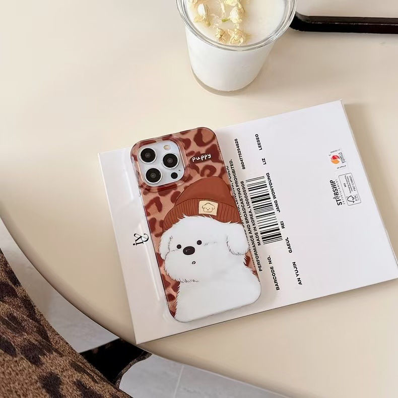 Lindo sombrero pequeño perro blanco iPhone16promax estampado de leopardo marrón Apple 15pro funda para teléfono 14/13 nuevo