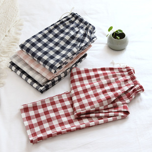 Pure Cotton Knitted Plaid Pajama Pants Spring and Autumn Knitted Cotton Women's Thin Elastic Casual Outer Wearing Thin Home Pants