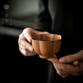 新中式花瓣杯复古粗陶家用功夫喝茶杯大号主人杯压手杯无釉品茗杯