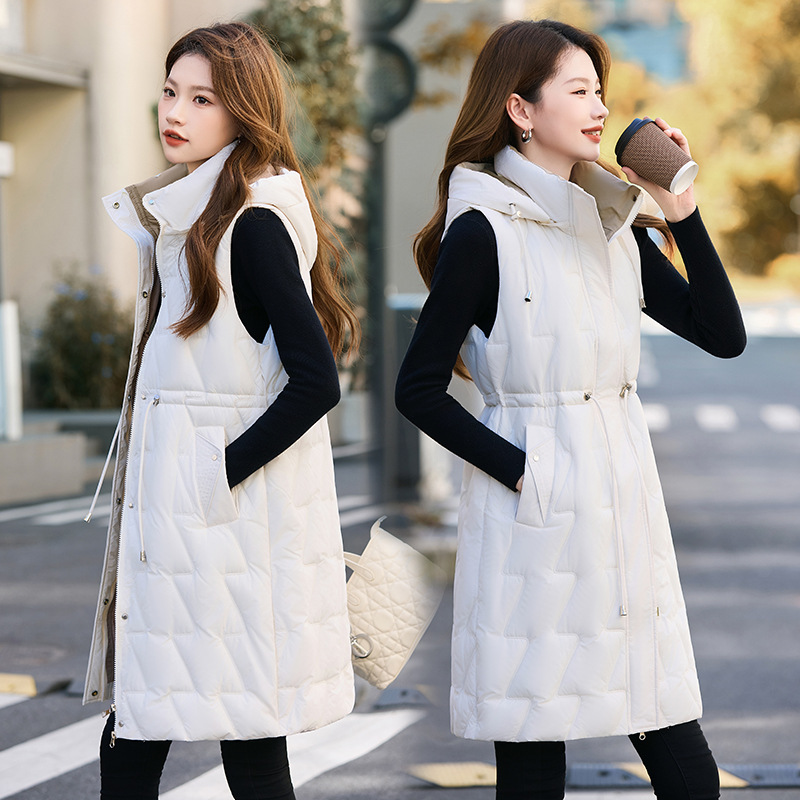 2025 otoño y invierno grueso con capuzas de algodón largo abrazadera de caballo chaqueta de mujer coreana delgada hombro sobre rodilla chaleco de pluma de algodón de moda