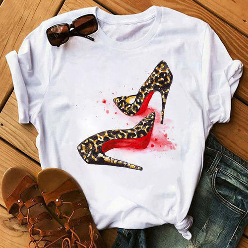 Summer Large Size Casual Round Neck Short Sleeve High Heel Pattern Print Short Sleeve T-Shirt for Women
