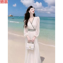 T8Y2025新款小香风白色雪纺连衣裙海边度假风法式超仙仙女收腰长
