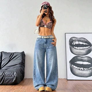 美式复古低腰宽松阔腿牛仔裤女个性辣妹百搭直筒喇叭裤2026新款