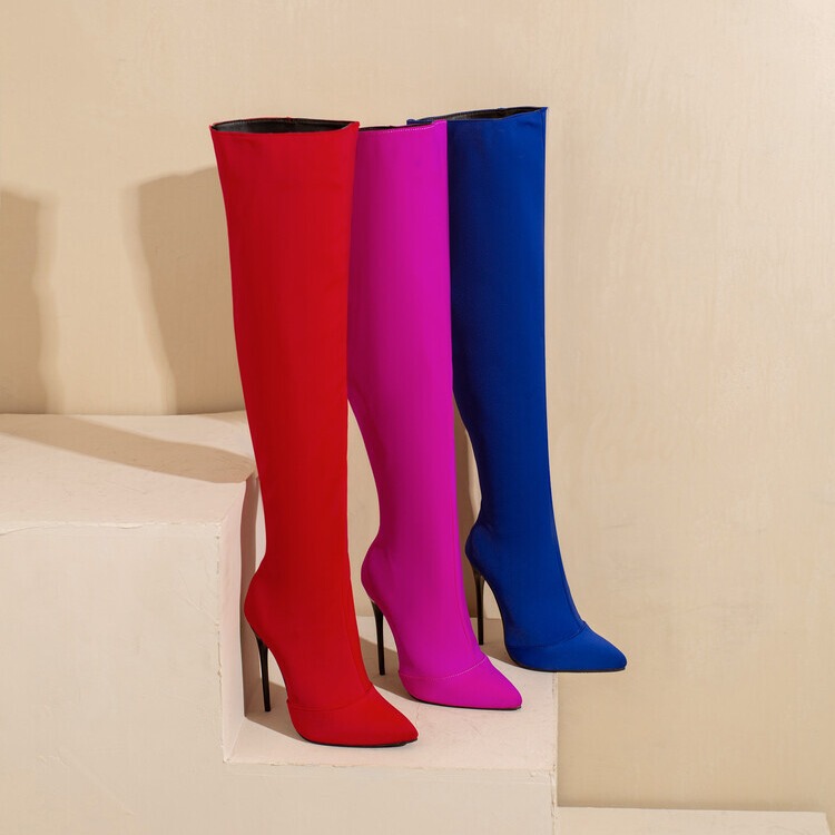 Autumn and Winter new women's high boots pointed toe stiletto heel super high heel over the knee long boots candy color side zipper thigh women's boots