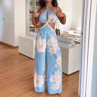 2025 Cross-border European and American Independent Station Women's Fashionable Elegant Sleeveless Printed Hollow Cross Strap Pants