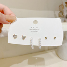 简约小巧珍珠耳钉三件套韩国时尚设计感耳环s925银针小众爱心耳饰