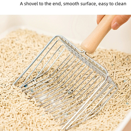 Wooden handle cat litter shovel stainless steel large cat litter shovel cleaning tool household metal cat litter shovel factory direct sale