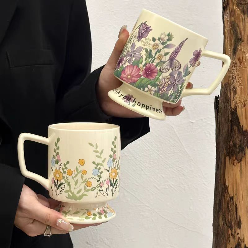 Vintage Floral Ceramic Mug Large Capacity Coffee Cup For Home_voghion.com