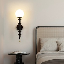 法式中古床头壁灯美式复古卧室房间客厅墙灯实木感大厅背景灯