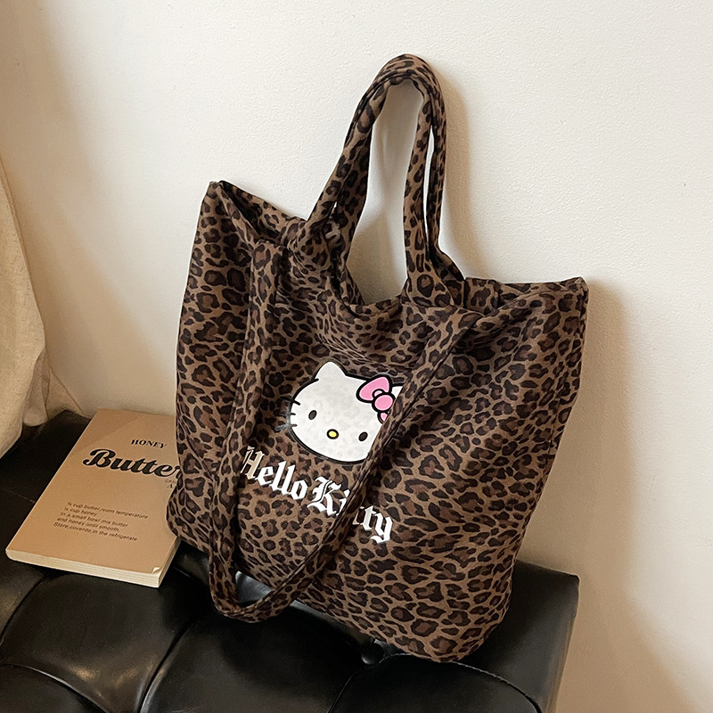 Black Leather Kitty Large-Capacity Tote Bag New Leopard Print Capacity Lazy Style Shopping Bag Single Shoulder Fashion Crossbody Bag