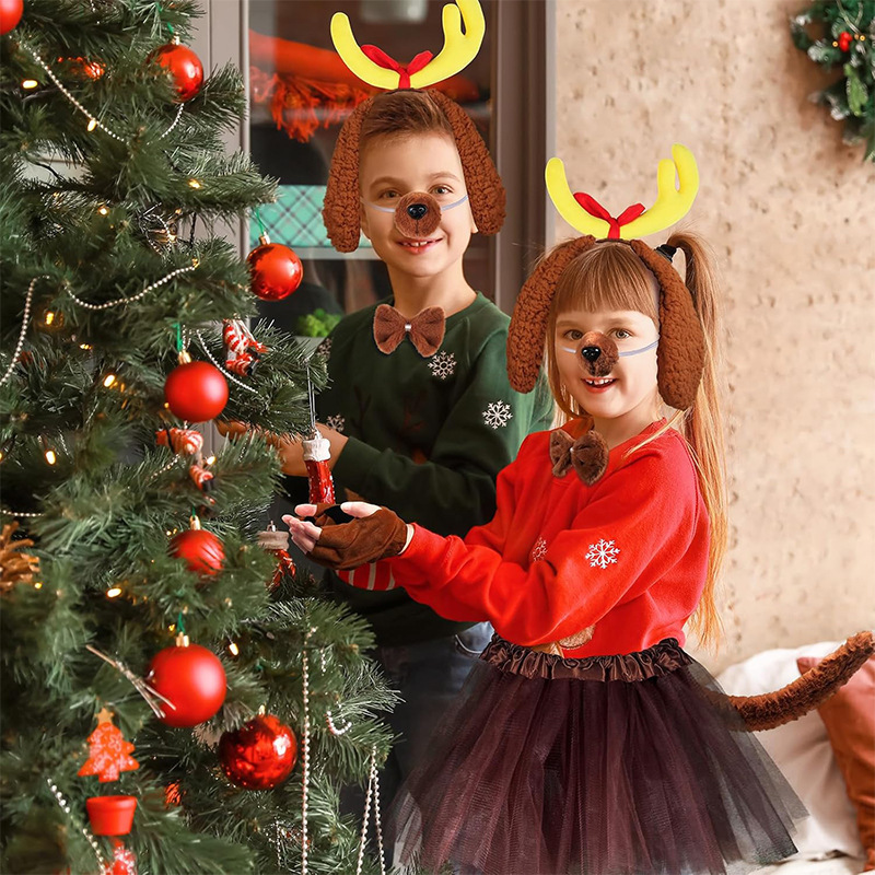 2025 クリスマス鹿の角ヘアバンド、ぬいぐるみ犬耳付きクリスマス帽子、レッグウォーマー、手袋、漫画犬コスプレ|undefined