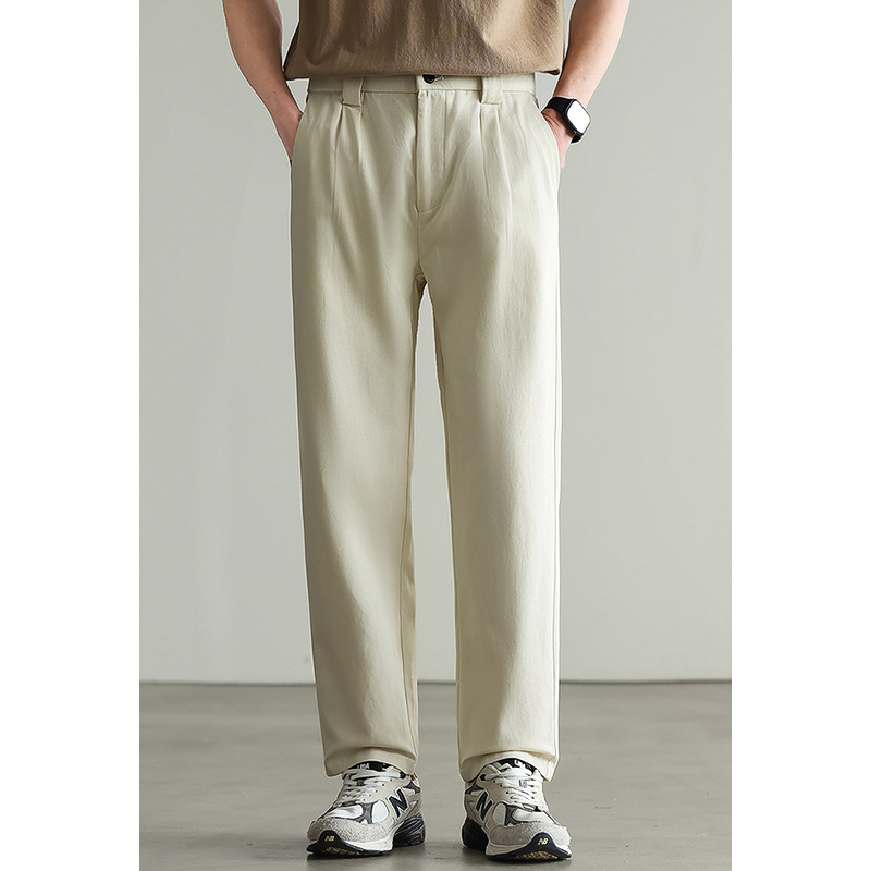 【リヨセル・テンセル＆コットン】ドレープ感のあるストレートカジュアルパンツ メンズ 2026春 通勤 カーキ色 ワイドパンツ