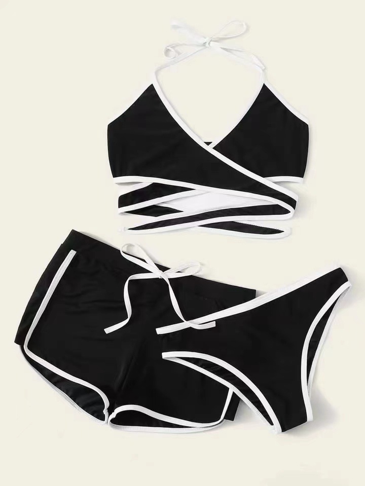 امرأة الأساسي الطراز الحديث اللون الصامد 3 قطعة مجموعة البيكينيات ملابس السباحة display picture 5