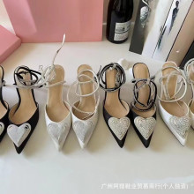 高版本 2025新款爱心时尚欧美风女鞋水钻交叉绑带高跟凉鞋女细跟