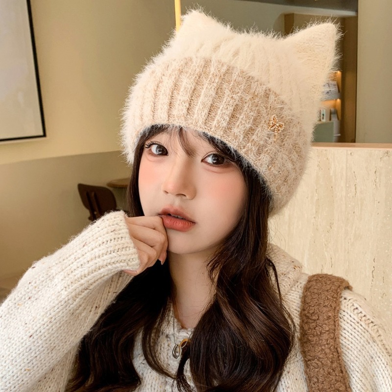 秋冬季可爱猫耳朵毛线帽子女加厚保暖户外防寒可爱舒适百搭针织帽|undefined