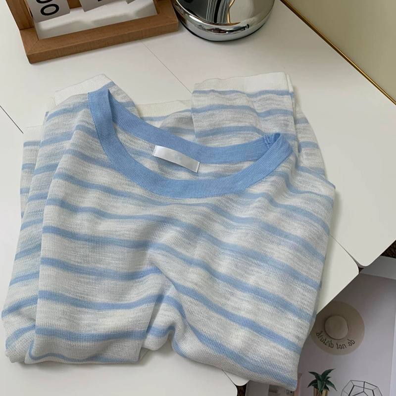 Studio Chuwu! Ice Silk Linen Blue and White Striped Long-Sleeve T-Shirt for Women 2026, Relaxed and Lazy Style Knit Cover-Up
