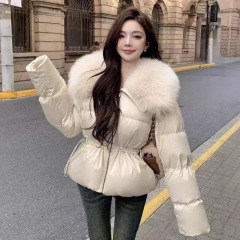 韩版大狐狸毛翻领羽绒服女2025年冬高级感宽松收腰显瘦白鸭绒外套